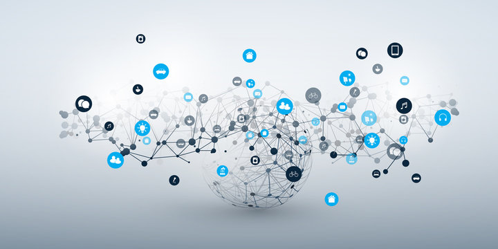 Internet of Things, Cloud Computing Design Concept with Wireframe and Icons - Global Digital Network Connections, Smart Technology Vector Concept