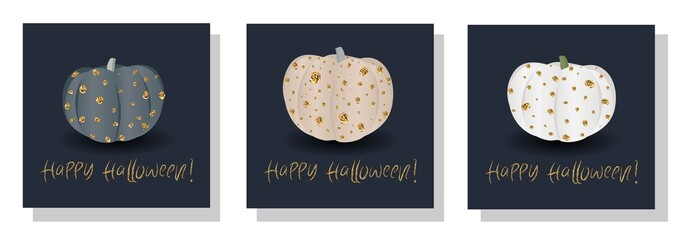 Halloween card set. Golden pumpkins on a dark background..