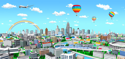 3D rendering cityscape, blue sky, rainbow and balloon © mayoyoma