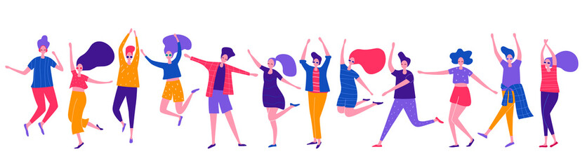 Group of happy dancing people. Male and female having fun, dance, jump. Disco party. Flat vector illustration.