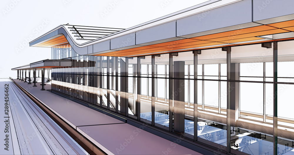 Poster conceptual visualization of a passenger railway platform in a modern design