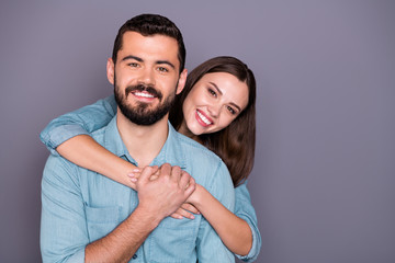 Close-up portrait of two her she his he nice attractive charming lovely cute cheerful cheery person...