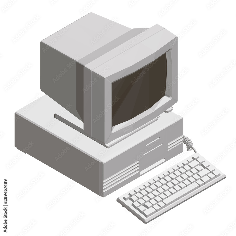 Poster old computer with a large monitor, system unit and keyboard. polygonal retro computer. view isometri