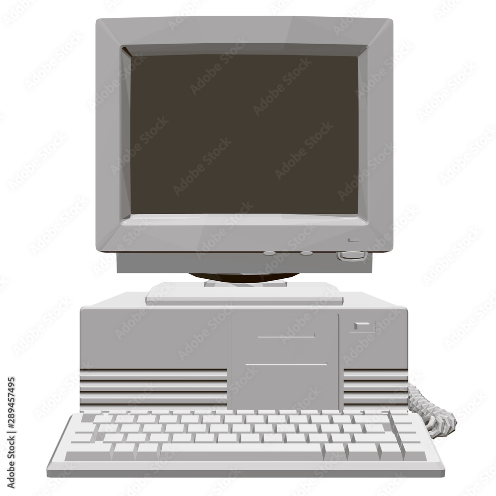 Poster old computer with a large monitor, system unit and keyboard. polygonal retro computer. front view. 3