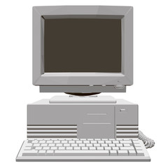 Old computer with a large monitor, system unit and keyboard. Polygonal retro computer. Front view. 3D. Vector illustration.