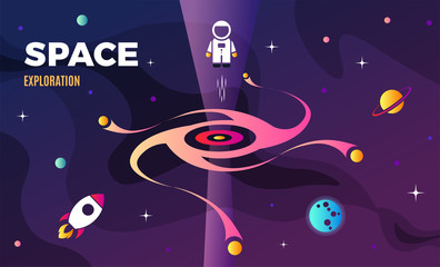 Space exploration modern background design with a Black Hole and Galaxy in cosmos. Cute pink color template for website page or banner vector illustration