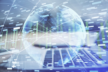 Multi exposure of business theme icons and table with computer background. Concept of success.