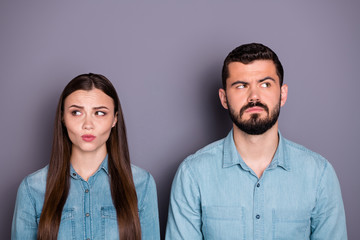 Close-up portrait of two her she his he nice attractive charming lovely suspicious jealous brown-haired person solving problem trouble thinking isolated over gray violet purple pastel background