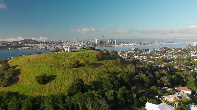 Aerial shot of Mount Victoria and Sky Tower in Auckland, New Zealand