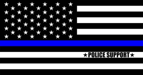 American flag with police support symbol, Thin Blue Line and text "Police Support".  American police in society as the force which holds back chaos, allowing order and civilization to thrive. 