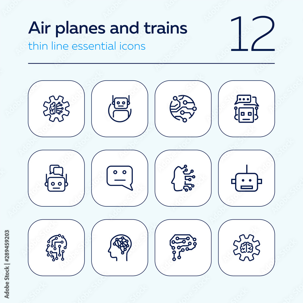 Poster ai technologies line icon set. circuit board, chat algorithm, cyber brain. artificial intelligence c
