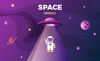 Space exploration modern background design with an alien ship in cosmos and flying Astronaut. Cute gradient template with Spaceship, Moon and Stars for poster, banner or website page © Premium_art