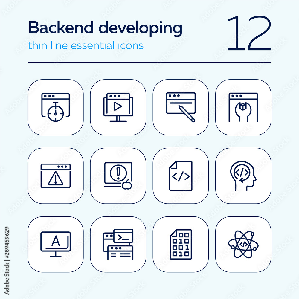 Poster backend developing line icon set. set of line icons on white background. technology concept. program