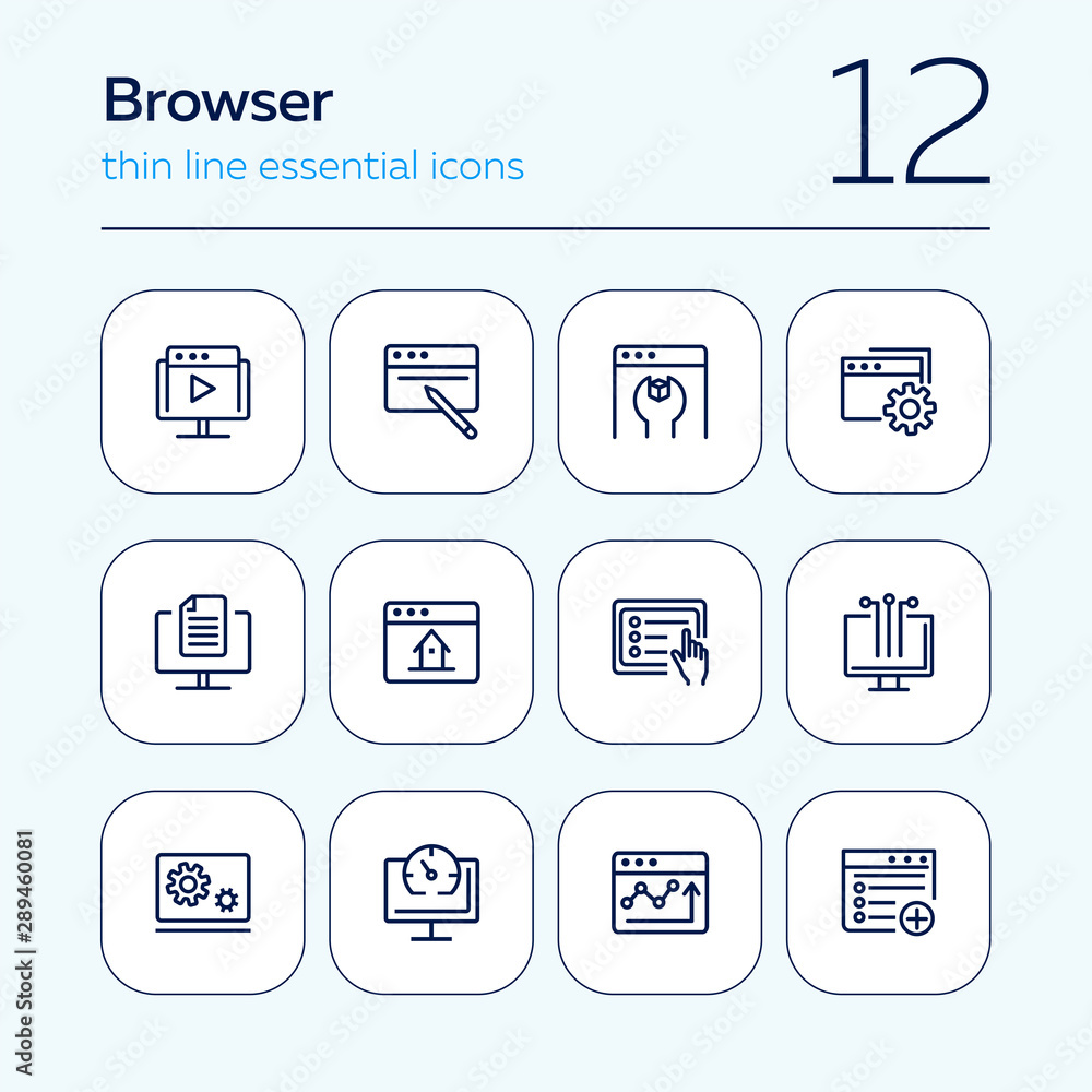 Poster browser line icon set. window, settings, homepage. internet concept. can be used for topics like web