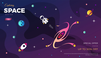 Fototapeta na wymiar Space exploration modern background design with a Galaxy, Astronaut, Rocket, Moon, Planets and Stars in cosmos. Cute pink color template for website page or banner vector illustration