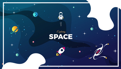 Naklejka premium Space exploration modern background design with a Galaxy, Astronaut, Rocket, Moon, Planets and Stars in cosmos. Cute blue color template for website page or banner vector illustration