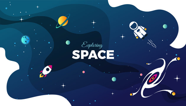 Space exploration modern background design with a Galaxy, Astronaut, Rocket, Moon, Planets and Stars in cosmos. Cute blue color template for website page or banner vector illustration