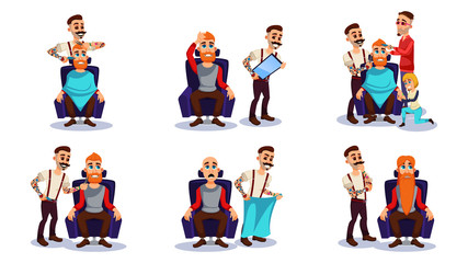 Fototapeta premium Barbershop Service, Male Characters Do Haircut.