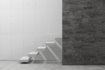 staircase in modern room, white and black concrete wall and cement floor, 3d background wallpaper