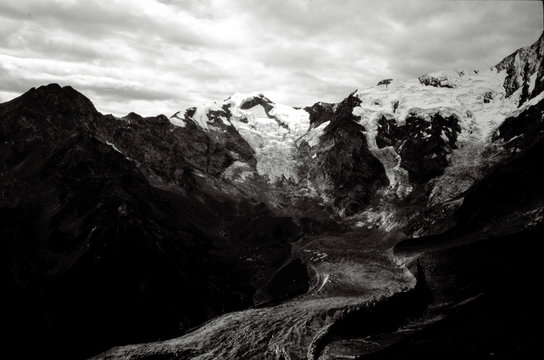 landscape of Monte Rosa with the belvedere glacier, black and white photo,