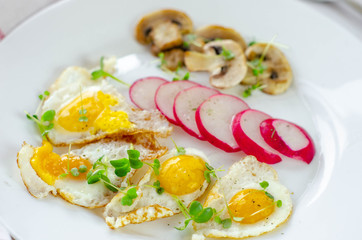 Healthy breakfast with quail eggs, radish, mushrooms and microgreens. Diet on a plate