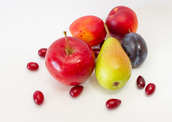 red apple pear plum peach dogwood and pear on a white background