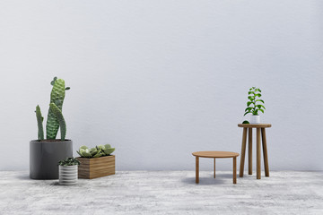 garden interior design with white concrete wall, 3d rendering