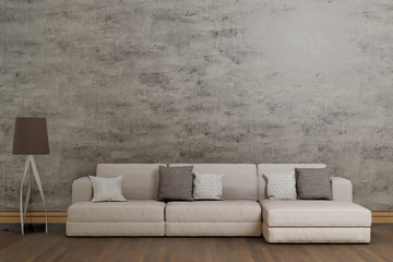 white sofa in a gray living room, modern loft interior, 3d rendering background