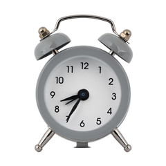 A gray clock with an alarm clock on a white background with arrows showing the time eight hours thirty five minutes or twenty hours thirty five minutes