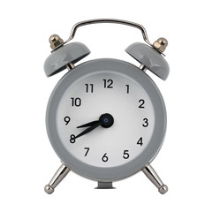 A gray clock with an alarm clock on a white background with arrows showing the time eight hours forty minutes or twenty hours forty minutes