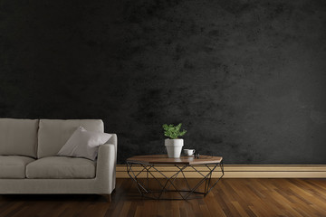 modern loft interior of living room with black concrete wall, 3d rendering background