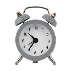 A gray clock with an alarm clock on a white background with arrows showing the time ten hours thirty five minutes or twenty two hours thirty five minutes