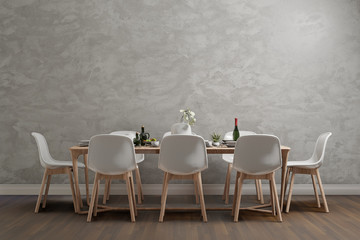 interior of dining room with gray loft wall, 3d rendering background