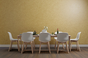interior of dining room with yellow concrete wall, 3d rendering background