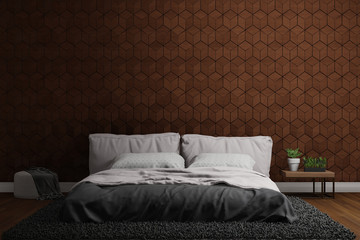 interior design of vintage bedroom with double bed and wooden wall, 3D rendering