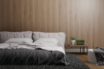 interior of vintage bedroom with double bed and wooden wall, 3D rendering background