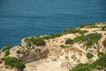 The ruins by the Mediterranean of the Heraion, a temple dedicated to the goddess Hera.
