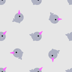 Cute pattern with narwhals on light blue or grey background. Vector illustration.