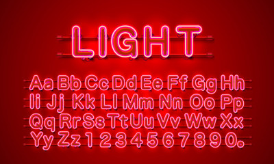 Neon city color red font. English alphabet and numbers sign.