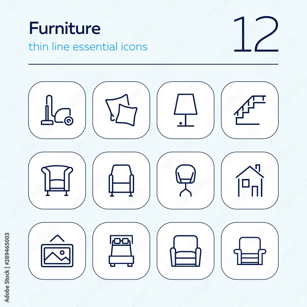 Sticker Furniture line icon set. Set of line icons on white background. Lamp, stair, chair, bed. Interior concept. Vector illustration can be used for household, interior, design