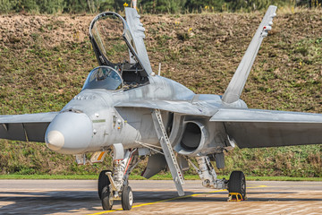 Fototapeta premium Armed fighter jet from parked on the grass with opened cabin