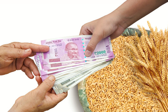 Indian cash money changing hands between a buyer and farmer