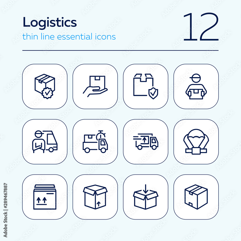 Wall mural Logistics icon. Set of line icons on white background. Package, express delivery, courier. Delivery concept. Vector illustration can be used for topics like service, freight, business