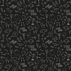 Vector seamless blackboard pattern in black. Simple doodle love hate drawings made into repeat. Great for background, wallpaper, wrapping paper, packaging, fashion.