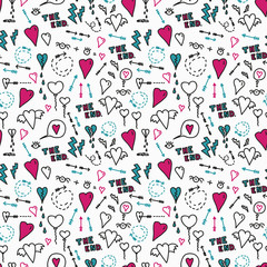 Fototapeta na wymiar Vector seamless love hate pattern in white. Simple doodle journal drawings made into repeat. Great for background, wallpaper, wrapping paper, packaging, fashion.