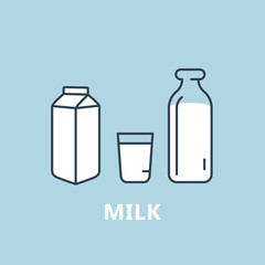 Dairy products icon - milk package, bottle and glass of milk