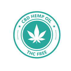 Hemp derived CBD oil stamp, THC free icon, marijuana oil label