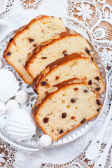 Sliced chocolate chip cupcake slices, top view, selective focus