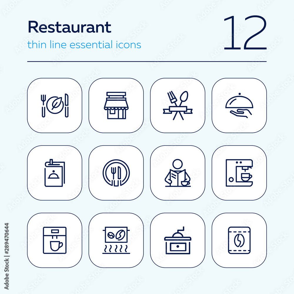 Canvas Prints Restaurant icons. Set of line icons on white background. Menu, coffee maker, course, client. Cafe concept. Vector illustration can be used for topics like food, catering, service