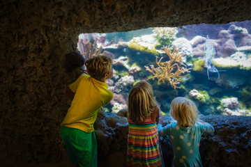 kids watching fishes in aquarium, learn underwater life